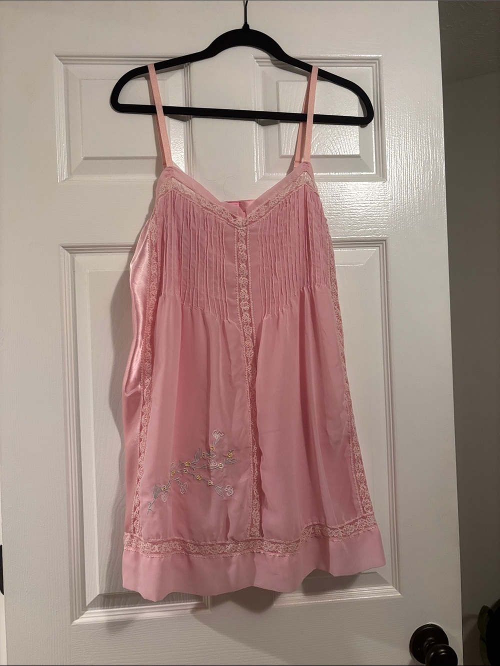 Dolls Kill Pink Lace-Trim Satin Chemise with Floral Embroidery